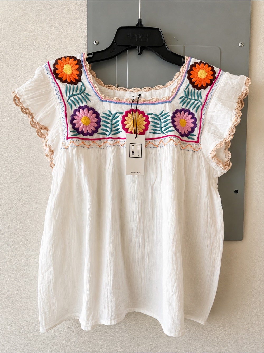 THML White Embroidered Flutter Sleeve Peasant Top with Multicolor Floral Yoke